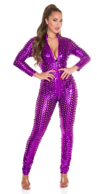wetlook catsuit with two way zip Purple